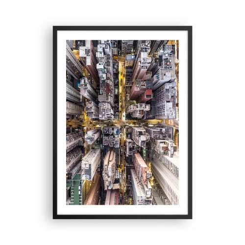 Plakat i sort ramme - Luftfoto af byen om natten - 50x70cm - Hilsner fra Hong Kong - Moderne vægdekoration til stue og soveværelse ARTTOR