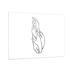 Billede på glas - En diskret lineær tegning af foldede hænder på en hvid baggrund. - 70x50cm - God berøring - Moderne vægdekoration til stue og soveværelse ARTTOR