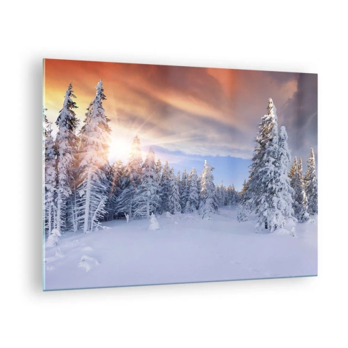 Billede på glas - Vinterlandskab med snedækkede træer ved solnedgang - 70x50cm - Et snedækket naturspektakel - Moderne vægdekoration til stue og soveværelse ARTTOR