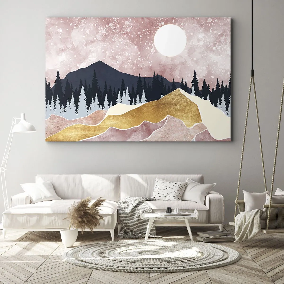 Lærredstryk - Billede på lærred - Farverige bjerge mod en lyserød himmel med en måne - 70x50cm - Nattevagt - Moderne vægdekoration til stue og soveværelse ARTTOR