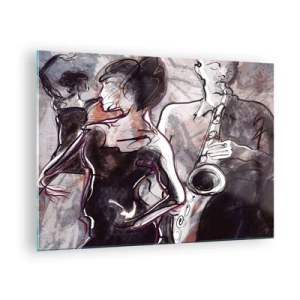 Billede på glas - Dansere og en saxofonist i kunstnerisk skitsestil - 70x50cm - Opløses i musikken - Moderne vægdekoration til stue og soveværelse ARTTOR