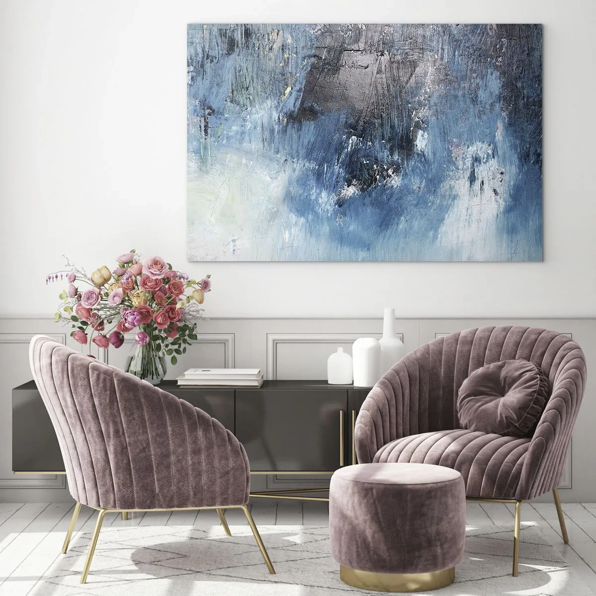 Billede på glas - Abstrakt komposition i blå nuancer - 70x50cm - Blå rapsodi - Moderne vægdekoration til stue og soveværelse ARTTOR
