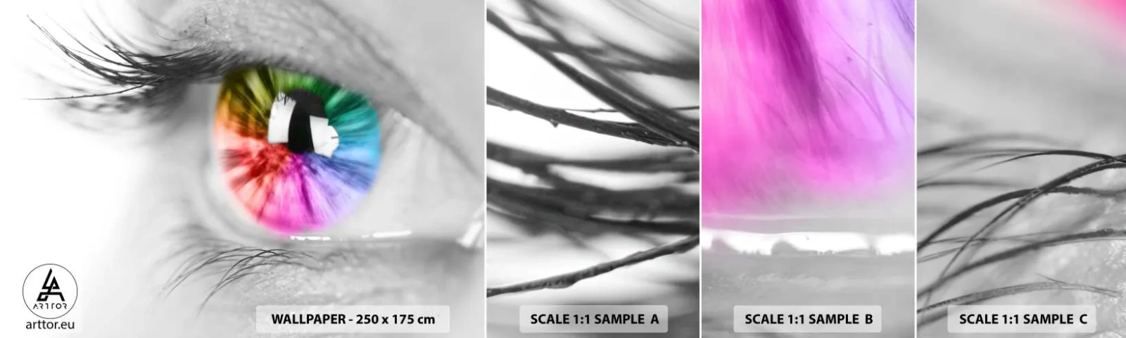 Prøve Fototapet Selvklæbende Deluxe Sticker - Se verden i farver - Abstraktion, Farverigt øje, 3D - 100x30 cm