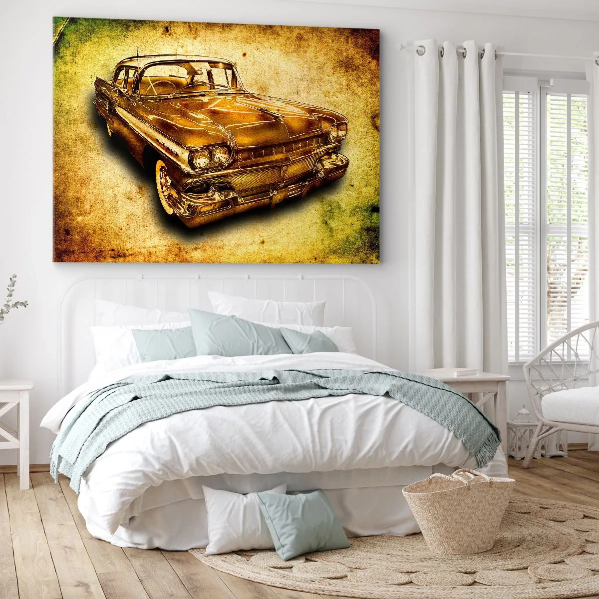 Lærredstryk - Billede på lærred - En gylden klassisk retrobil på en vintagebaggrund med en ældet effekt. - 70x50cm - Klassikernes evige skønhed - Moderne vægdekoration til stue og soveværelse ARTTOR