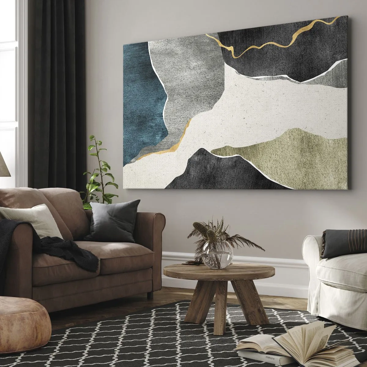 Lærredstryk - Billede på lærred - Geometriske former i nuancer af grå, grøn og guld - 70x50cm - Mosaikkomposition med en streng af guld - Moderne vægdekoration til stue og soveværelse ARTTOR