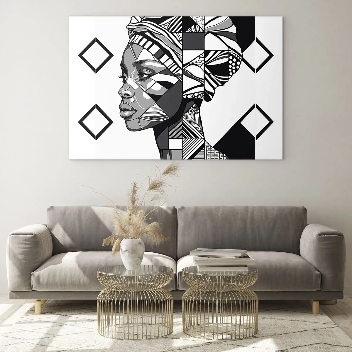 Billede på glas - Sort-hvidt etnisk portræt af en kvinde med geometriske mønstre - 70x50cm - Etnisk portræt - Moderne vægdekoration til stue og soveværelse ARTTOR
