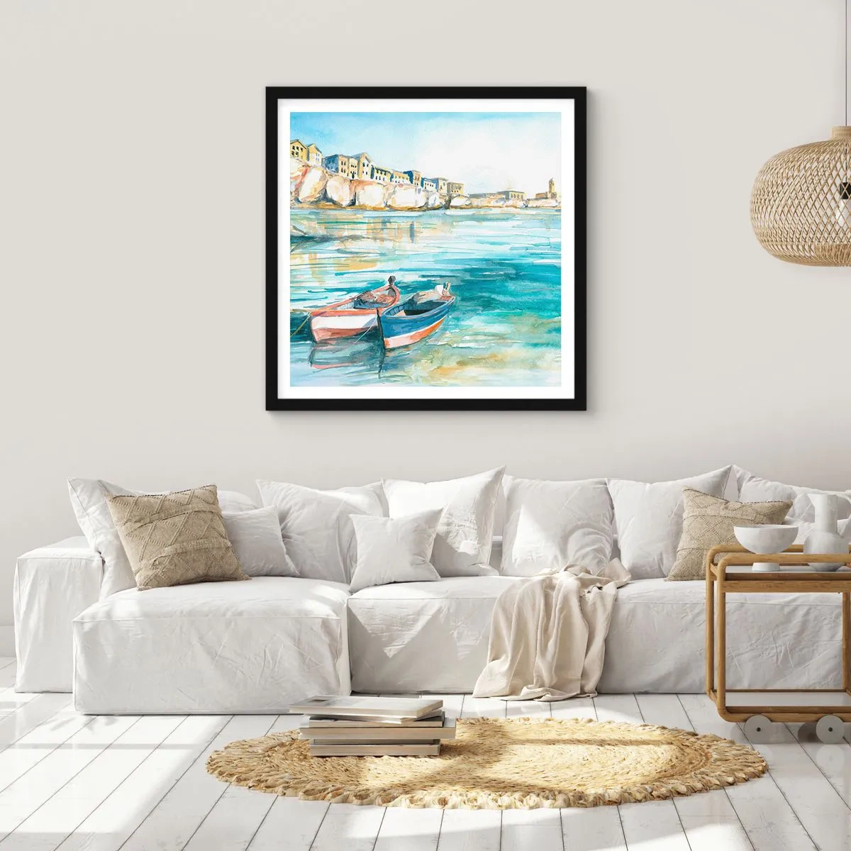 Plakat i sort ramme - Landskab i azurblå - 30x30 cm