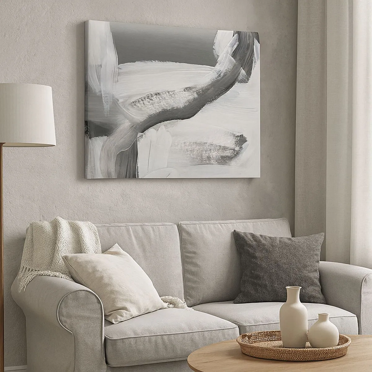 Lærredstryk - Billede på lærred - Grå og hvid abstraktion med dynamiske linjer - 70x50cm - Med beslutsom bevægelse - Moderne vægdekoration til stue og soveværelse ARTTOR