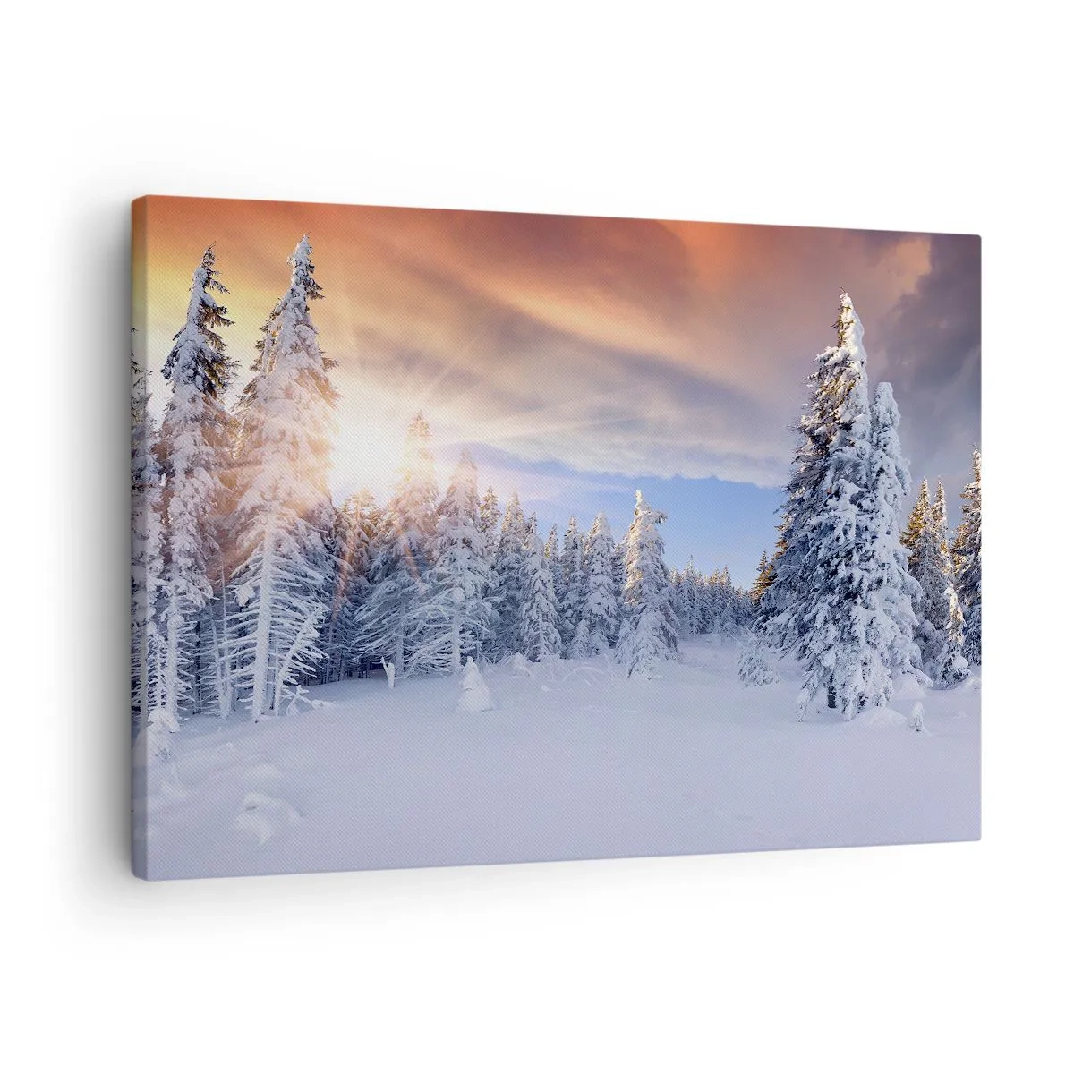 Lærredstryk - Billede på lærred - Vinterlandskab med en snedækket skov ved solnedgang - 70x50cm - Et snedækket naturspektakel - Moderne vægdekoration til stue og soveværelse ARTTOR