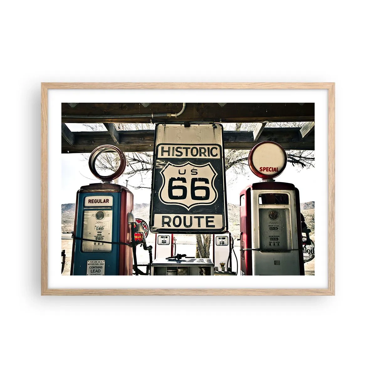 Plakat i ramme af lyst egetræ - En retro-amerikansk rejse - 70x50 cm