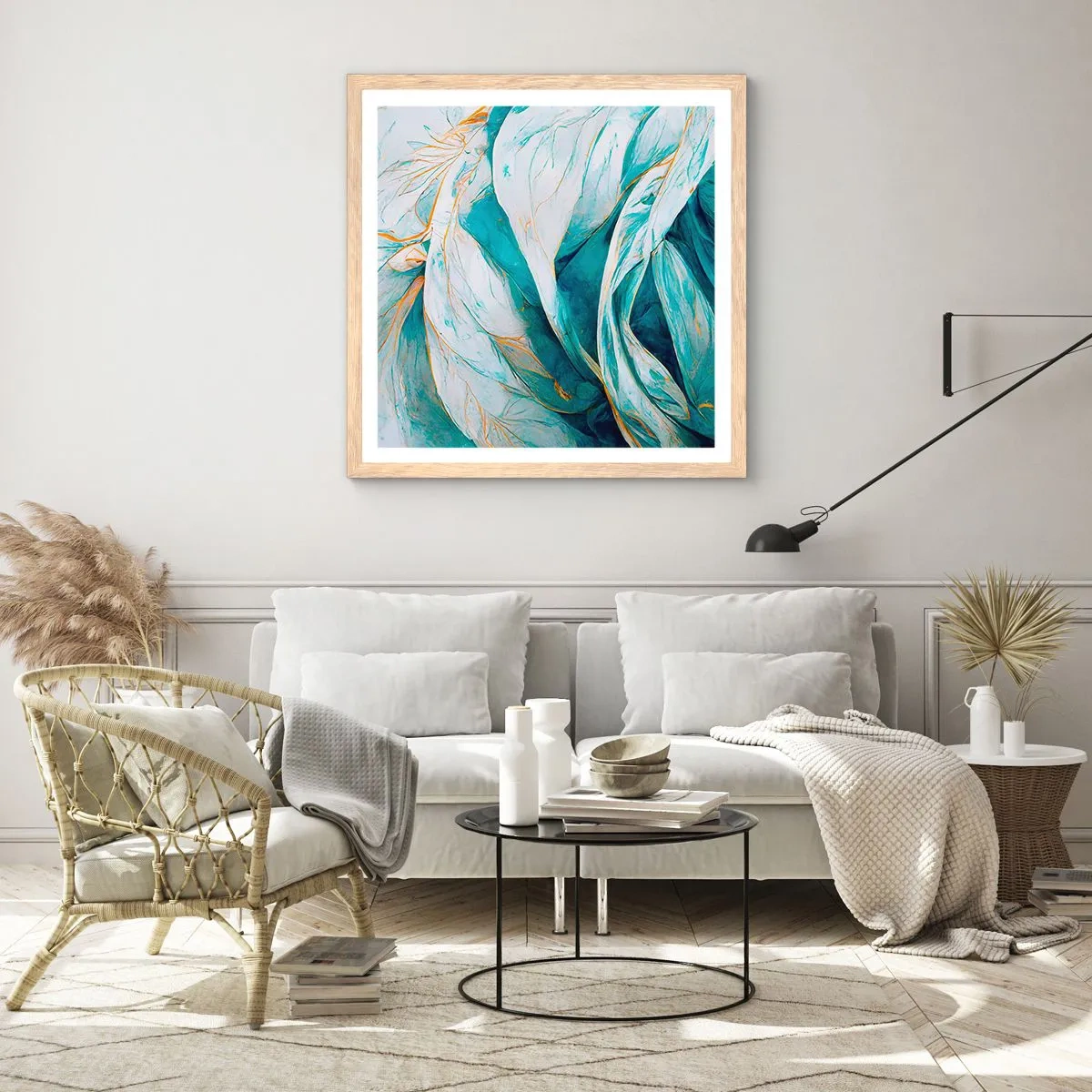Plakat i ramme af lyst egetræ - Blå abstraktion med et guldmotiv - 30x30 cm