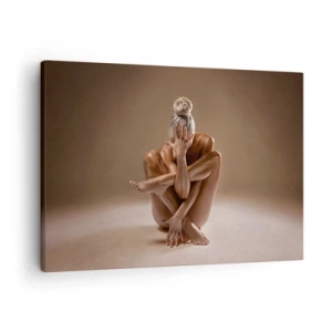 Lærredstryk - Billede på lærred - Kunstnerisk silhuet af en kvinde på en beige baggrund - 70x50cm - Enhed mellem krop og ånd - Moderne vægdekoration til stue og soveværelse ARTTOR