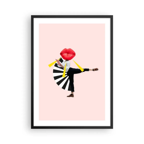 Plakat i sort ramme - En surrealistisk komposition med læber og geometriske elementer på en lyserød baggrund. - 50x70cm - Surrealistisk popkunst - Moderne vægdekoration til stue og soveværelse ARTTOR