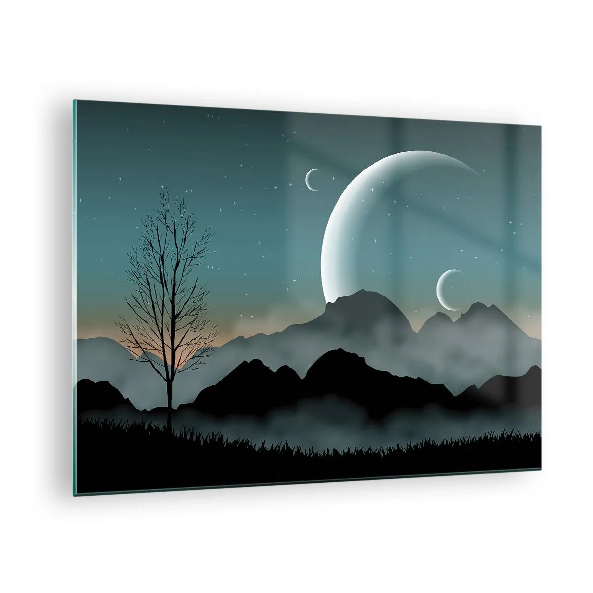 Billede på glas - Måner over bjerge med et ensomt træ og stjerner - 70x50cm - Karneval i den stjerneklare nat - Moderne vægdekoration til stue og soveværelse ARTTOR