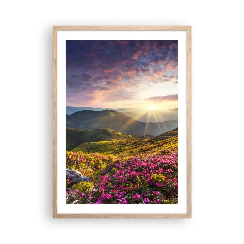 Plakat i ramme af lyst egetræ - Friskheden af en morgen i bjergene - 50x70 cm