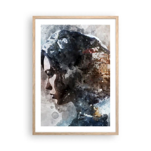 Plakat i ramme af lyst egetræ - Historien om en pige med en by i baggrunden - 50x70 cm