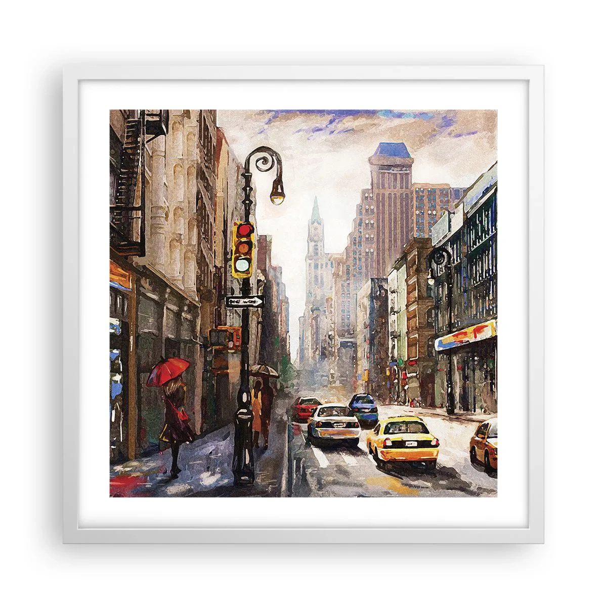 Plakat i hvid ramme - New York - også farverig i regnvejr - 50x50 cm
