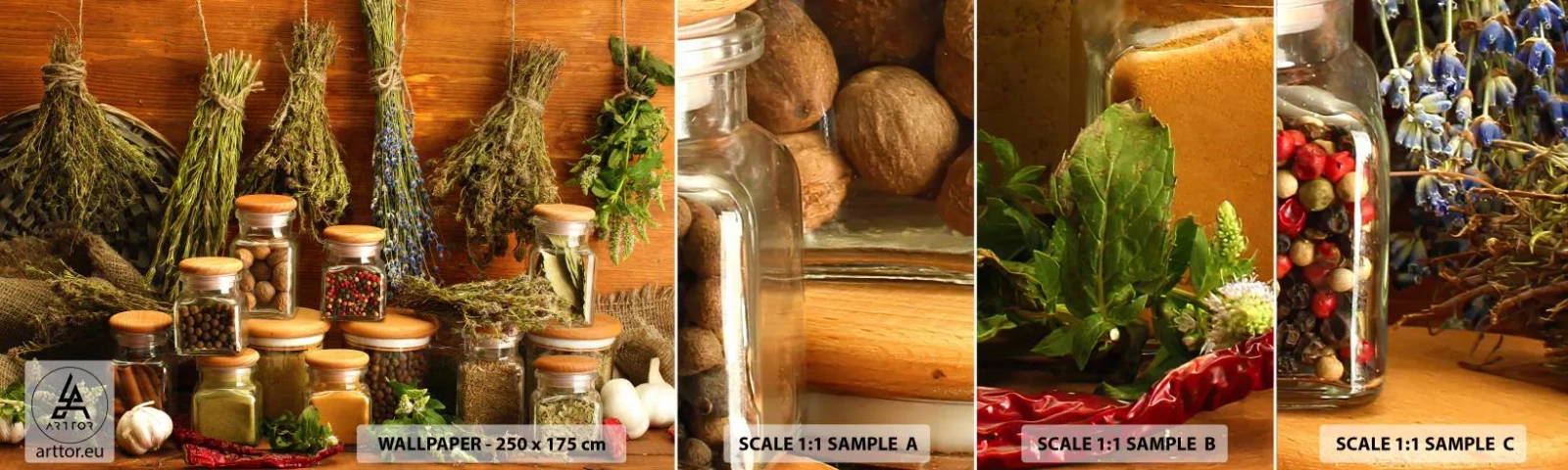 Fototapet Prøve Standard Eco - Køkkenmagi - Gastronomi, Tørrede urter, Krydderier - 100x30 cm