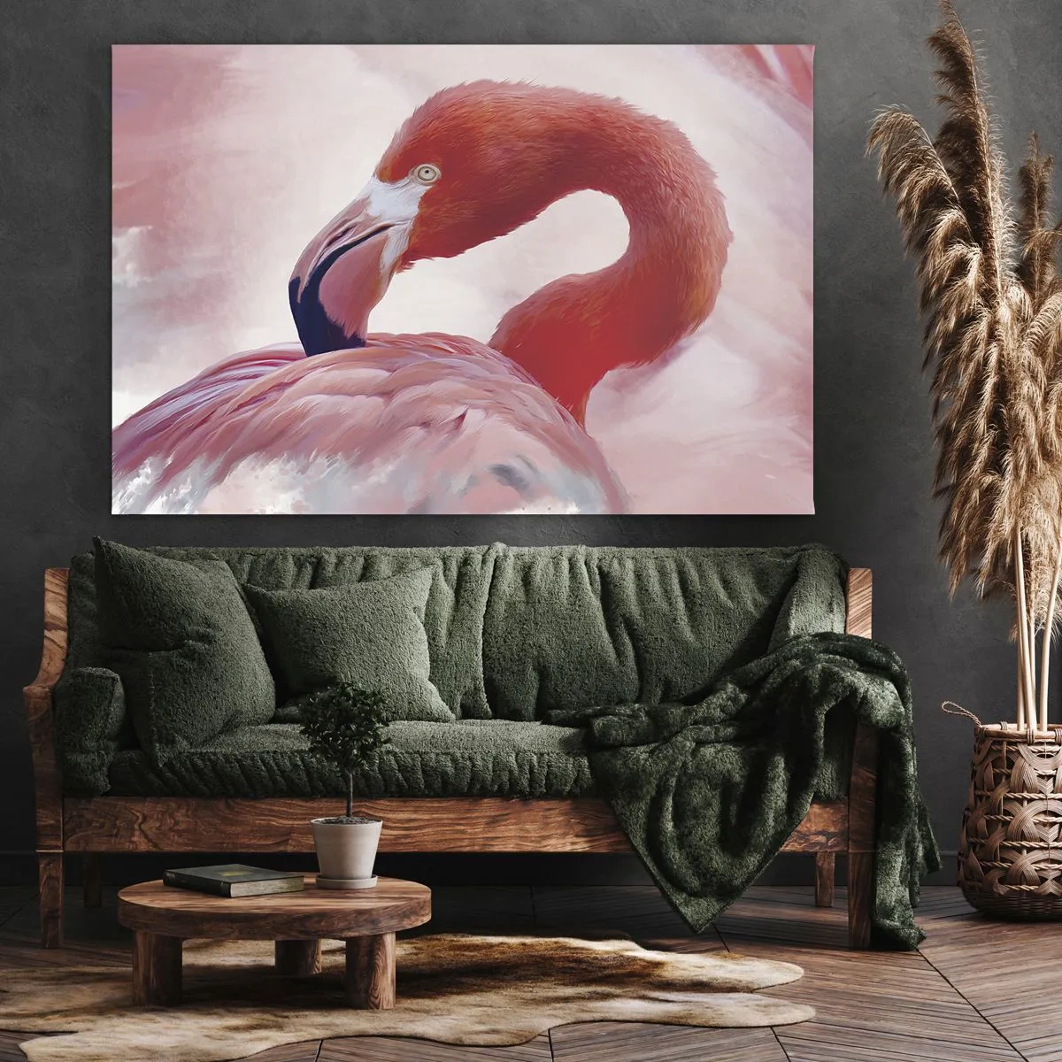 Lærredstryk - Billede på lærred - En flamingo i lyserøde toner på en lys baggrund - 70x50cm - Fugleskønhed - Moderne vægdekoration til stue og soveværelse ARTTOR