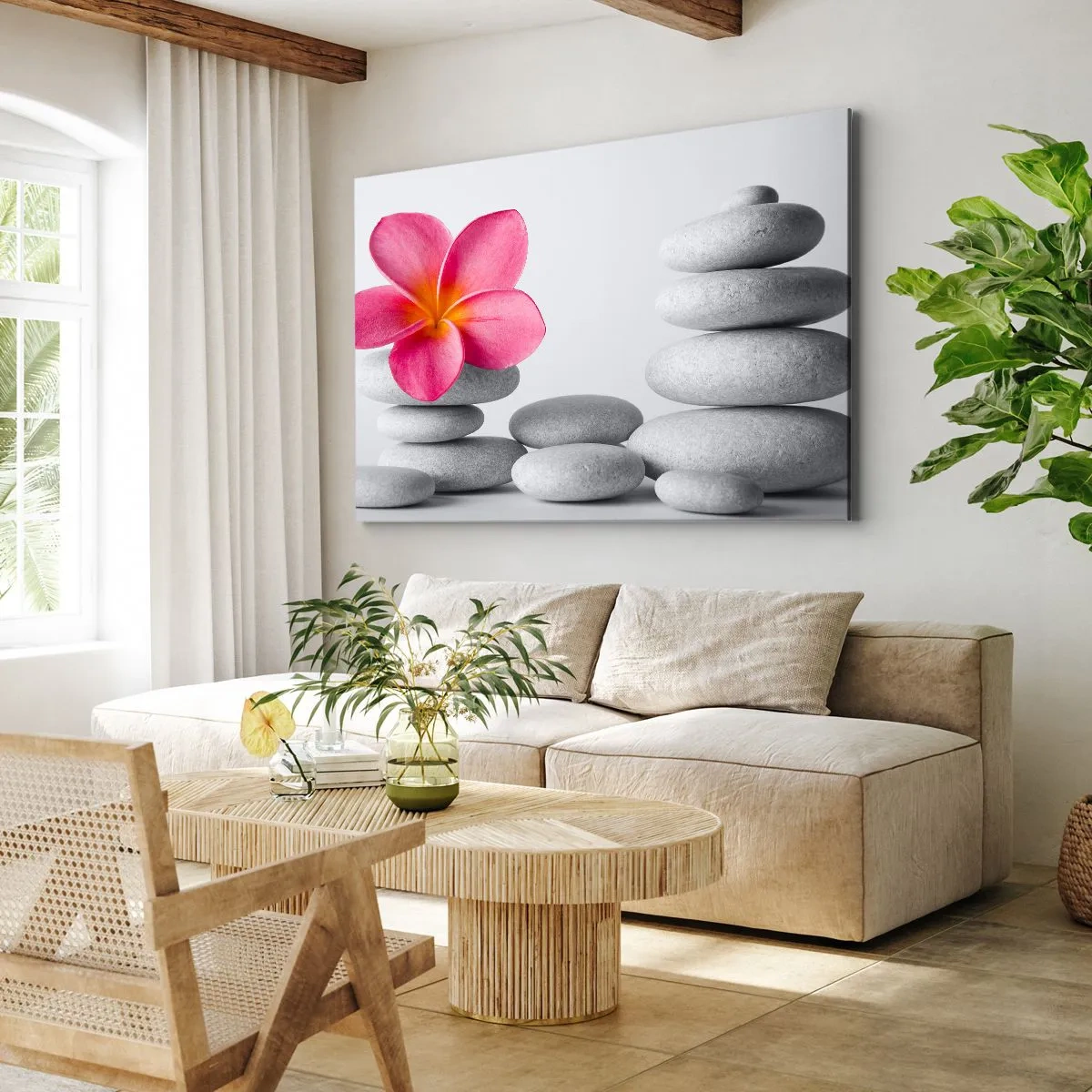 Lærredstryk - Billede på lærred - Lyserød blomst på zen-stil sten - 70x50cm - Sten på sten, og på denne sten... - Moderne vægdekoration til stue og soveværelse ARTTOR