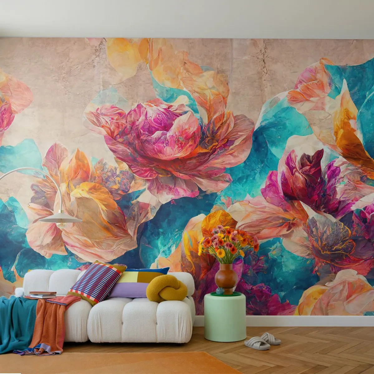 Fototapet Selvklæbende Deluxe Sticker - Den farverige pragt i en buket - Blomster, Pastel, Stykke - 350x256 cm