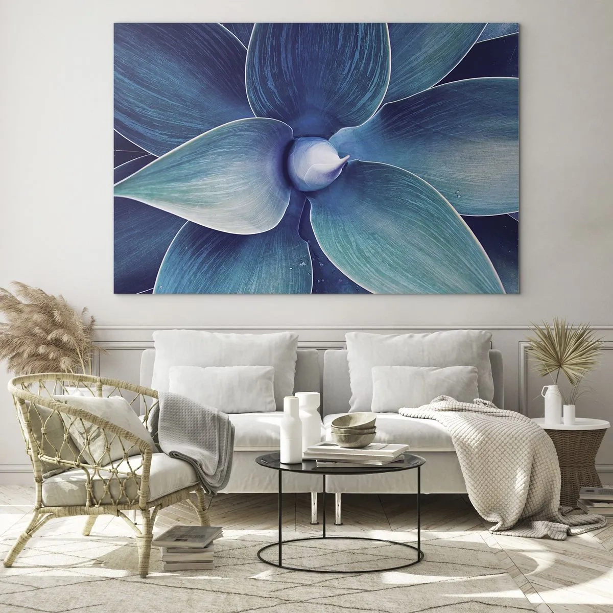 Billede på glas - Makrofotografi af en plante i blå nuancer - 70x50cm - Blå fra himlen - Moderne vægdekoration til stue og soveværelse ARTTOR