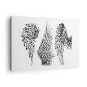 Lærredstryk - Billede på lærred - Tre sort-hvide skitser af vinger i minimalistisk stil. - 70x50cm - Og du kan blive en engel - Moderne vægdekoration til stue og soveværelse ARTTOR