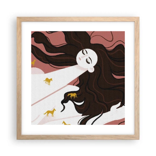 Plakat i ramme af lyst egetræ - Drøm om en gylden hest - 40x40 cm