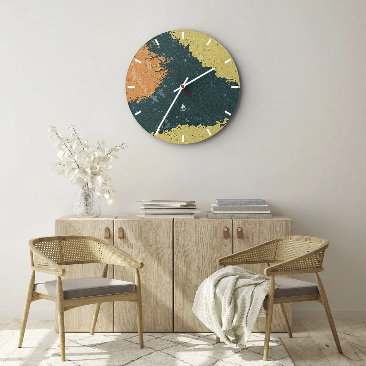 Vægur, Uret - Kunstneriske pletter i nuancer af grønt, beige og orange - 30x30cm - Abstraktion - i slowmotion - Moderne vægdekoration til stue, køkken og soveværelse ARTTOR