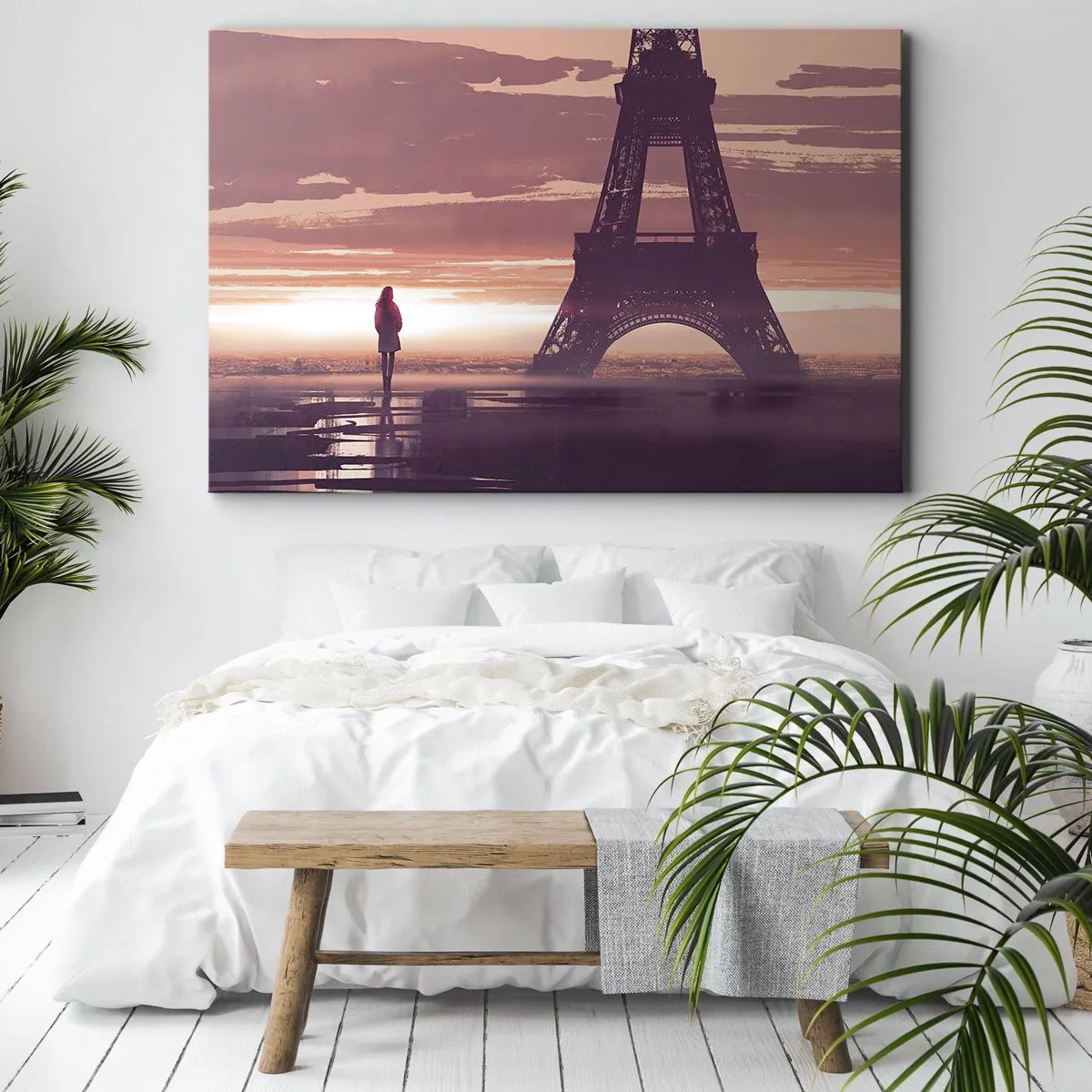 Lærredstryk - Billede på lærred - En figur kigger på Eiffeltårnet i lyset af den nedgående sol - 70x50cm - Kun de to - Moderne vægdekoration til stue og soveværelse ARTTOR