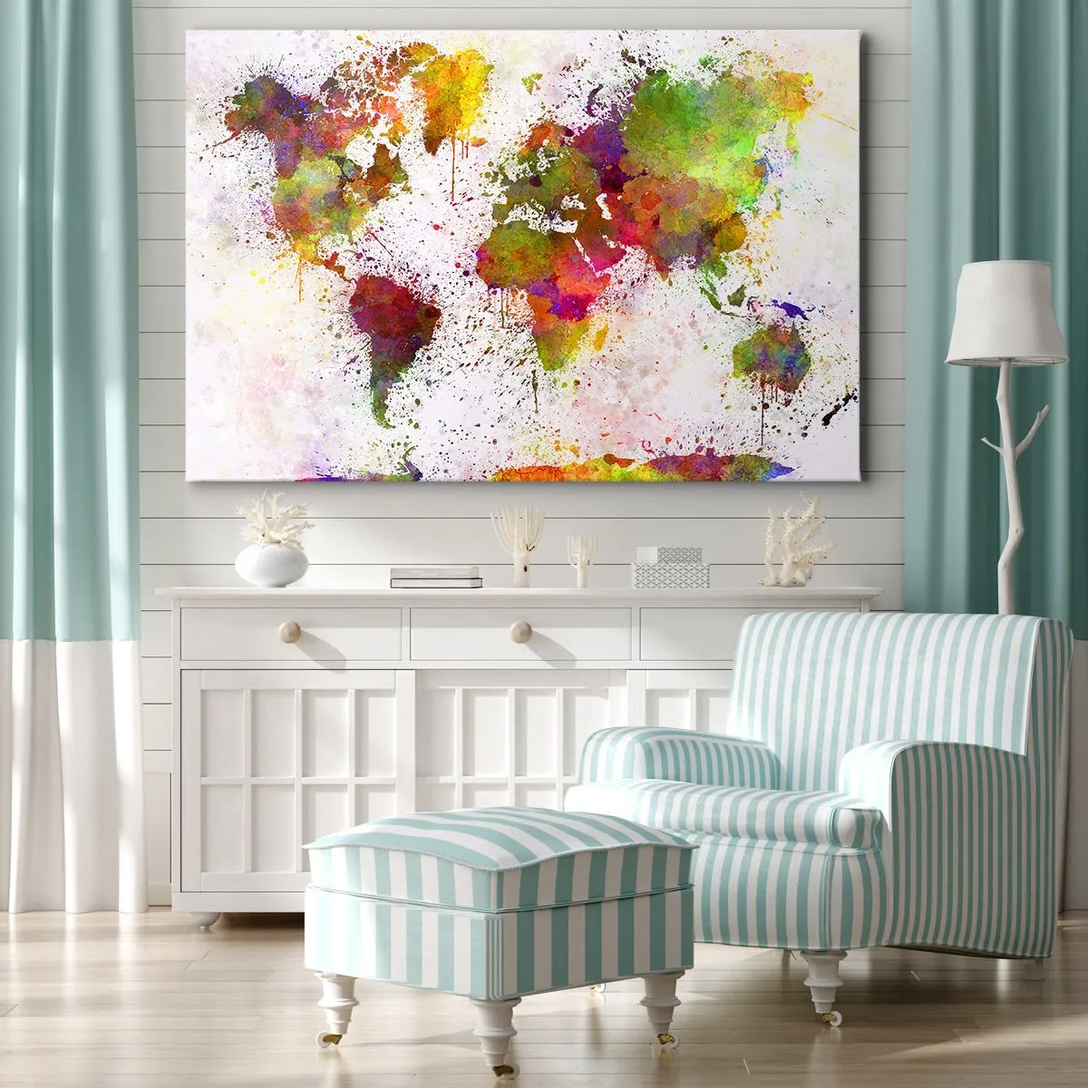 Lærredstryk - Billede på lærred - Et farverigt verdenskort i abstrakt stil - 70x50cm - På en eller anden måde gik det bare godt - Moderne vægdekoration til stue og soveværelse ARTTOR