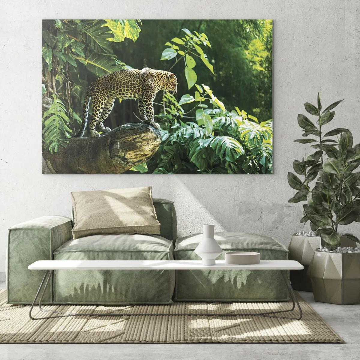Billede på glas - Leopard på en klippe i den tropiske jungle - 70x50cm - Til jagt? - Moderne vægdekoration til stue og soveværelse ARTTOR
