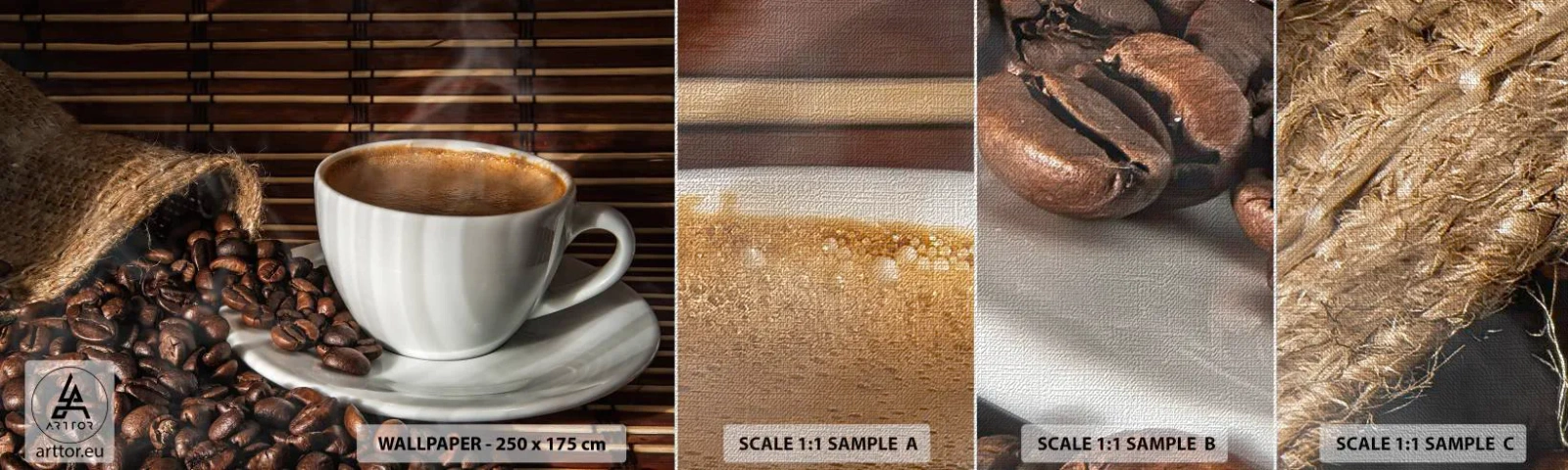 Prøve Fototapet Premium Canvas - Kulets sorthed, ravets gennemsigtighed - Gastronomi, Kaffe, kop kaffe - 100x30 cm