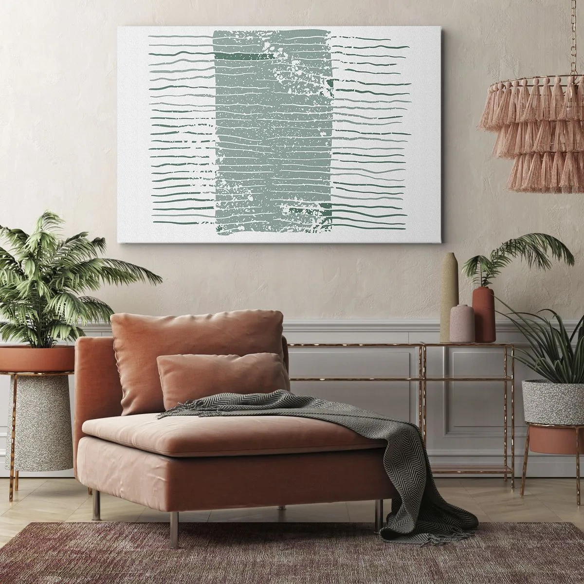 Lærredstryk - Billede på lærred - Geometrisk mønster i nuancer af havgrøn og hvid - 70x50cm - Marin abstraktion - Moderne vægdekoration til stue og soveværelse ARTTOR