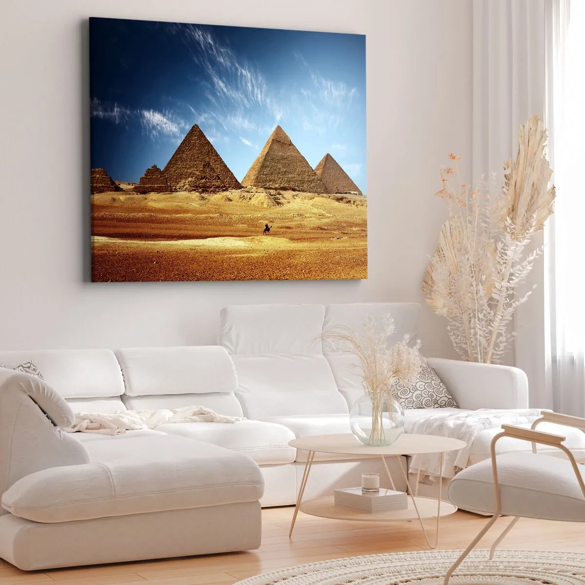 Lærredstryk - Billede på lærred - Pyramiderne i Giza mod en blå himmel og ørkenlandskab - 70x50cm - 40 århundreder ser på jer - Moderne vægdekoration til stue og soveværelse ARTTOR