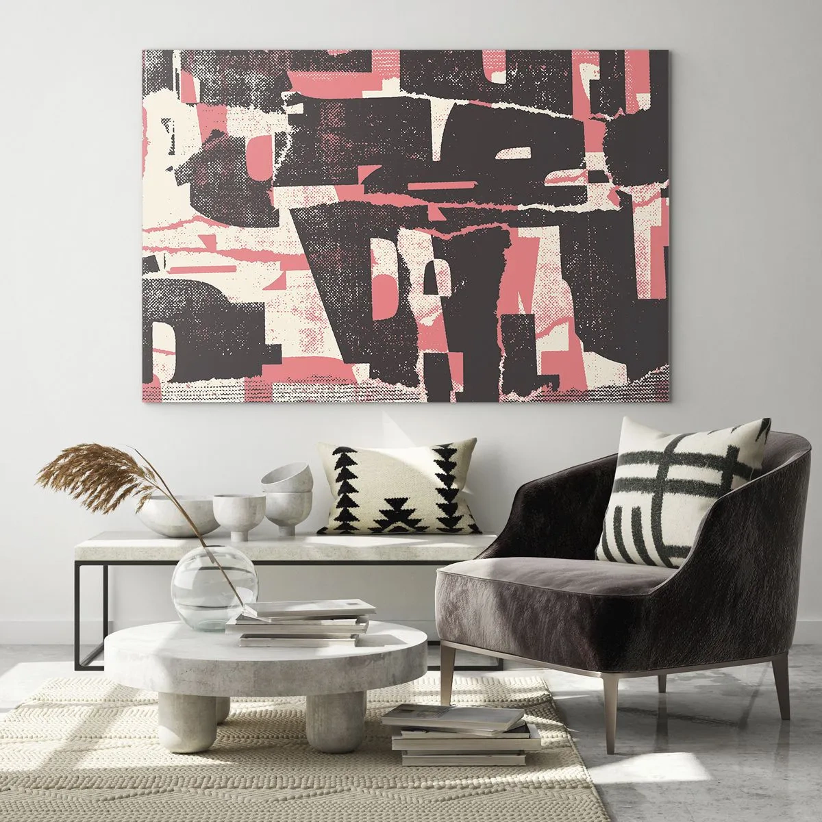 Billede på glas - Moderne abstraktion i sort, rød og beige - 70x50cm - Al trængsel og travlhed - Moderne vægdekoration til stue og soveværelse ARTTOR