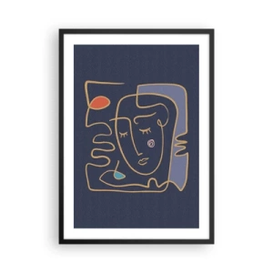Plakat i sort ramme - Minimalistisk abstrakt ansigt på en marineblå baggrund i stregtegningsstil - 50x70cm - I drømmerier - Moderne vægdekoration til stue og soveværelse ARTTOR