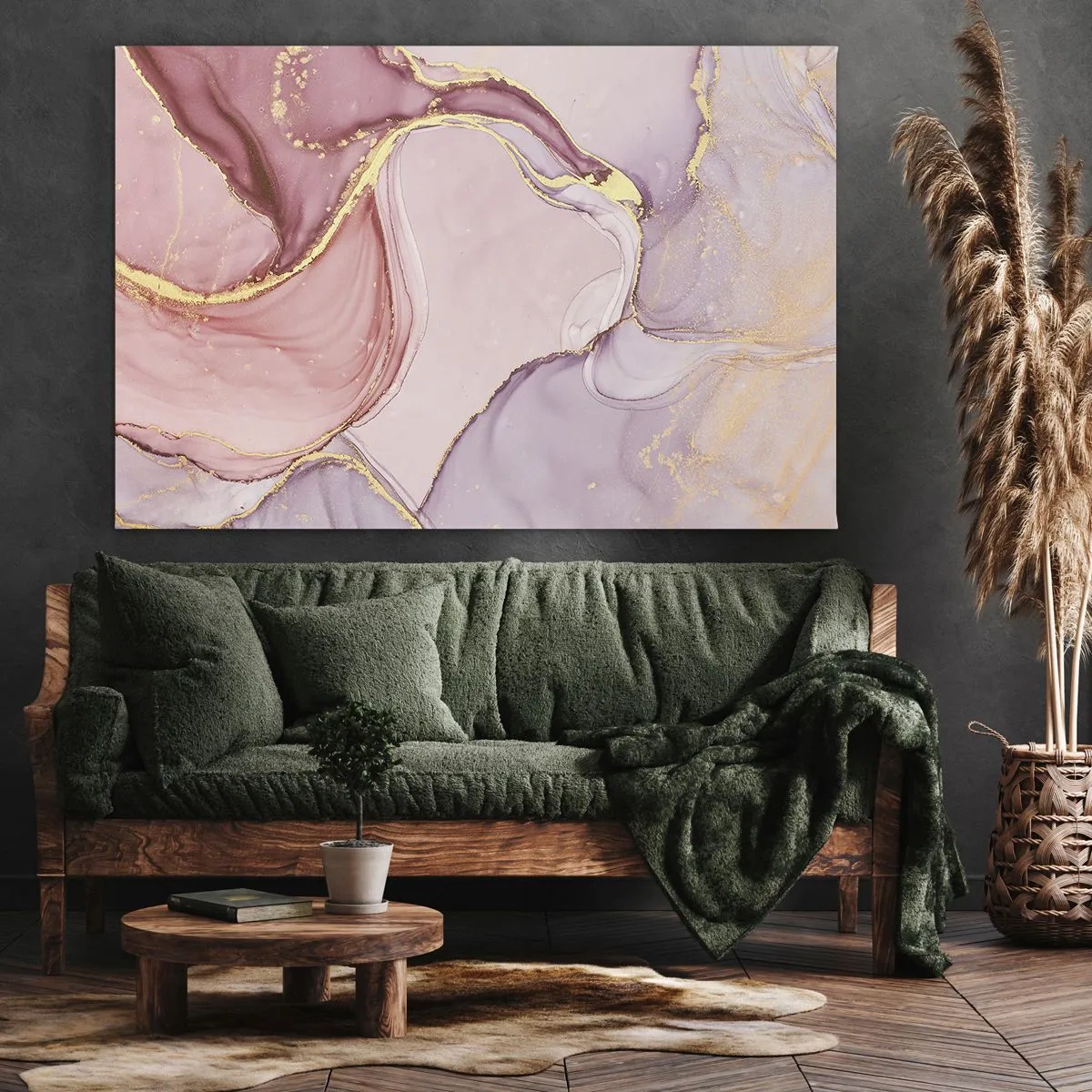Lærredstryk - Billede på lærred - Delikate abstrakte mønstre i nuancer af lyserød og guld - 70x50cm - Et kærtegn af farver - Moderne vægdekoration til stue og soveværelse ARTTOR