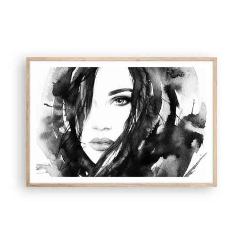Plakat i ramme af lyst egetræ - Portræt af en dame i sort og hvidt - 91x61 cm