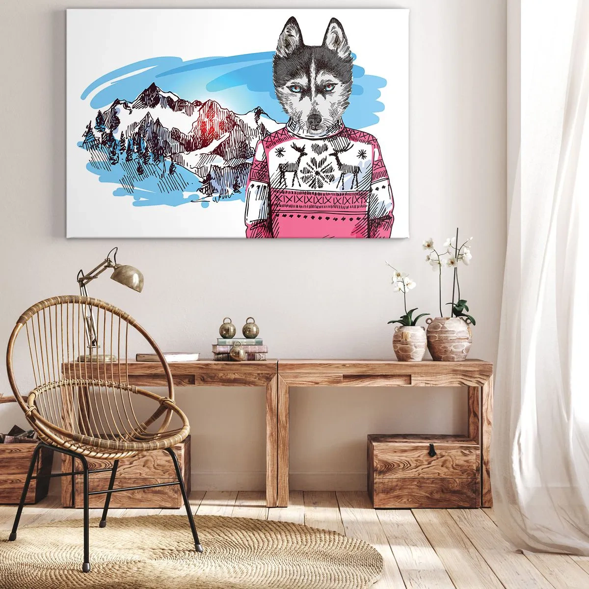Lærredstryk - Billede på lærred - En ulv i en vintertrøje mod et bjerglandskab - 70x50cm - Ulv i fåreuld - Moderne vægdekoration til stue og soveværelse ARTTOR