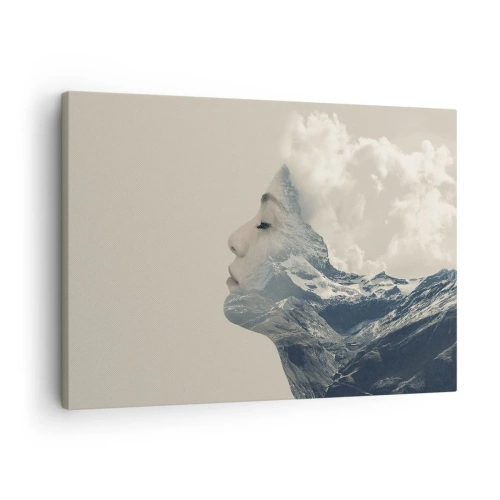 Lærredstryk - Billede på lærred - Silhuet af en kvinde med et bjerglandskab i baggrunden - 70x50cm - Skønheden ved elementerne - Moderne vægdekoration til stue og soveværelse ARTTOR