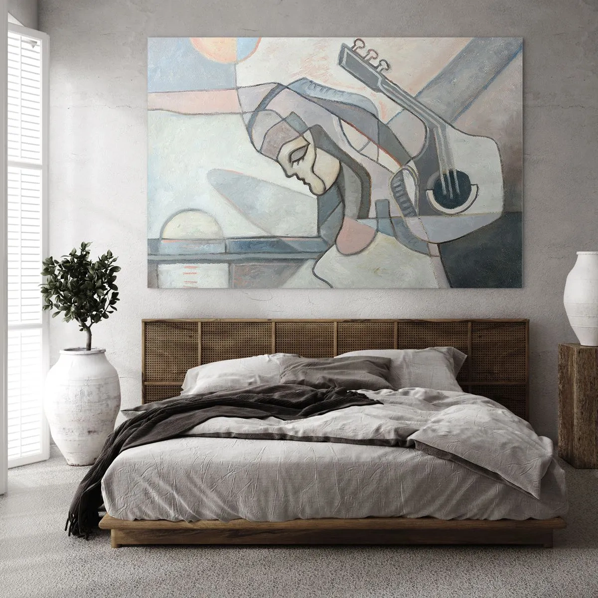 Billede på glas - Kunstnerisk figur af en kvinde med en guitar i pastelfarver - 70x50cm - I musikkens kraft - Moderne vægdekoration til stue og soveværelse ARTTOR