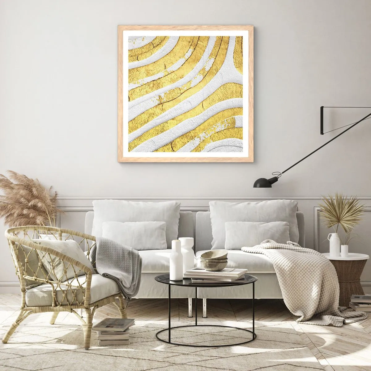 Plakat i ramme af lyst egetræ - Sammensætning i hvidt og guld - 30x30 cm