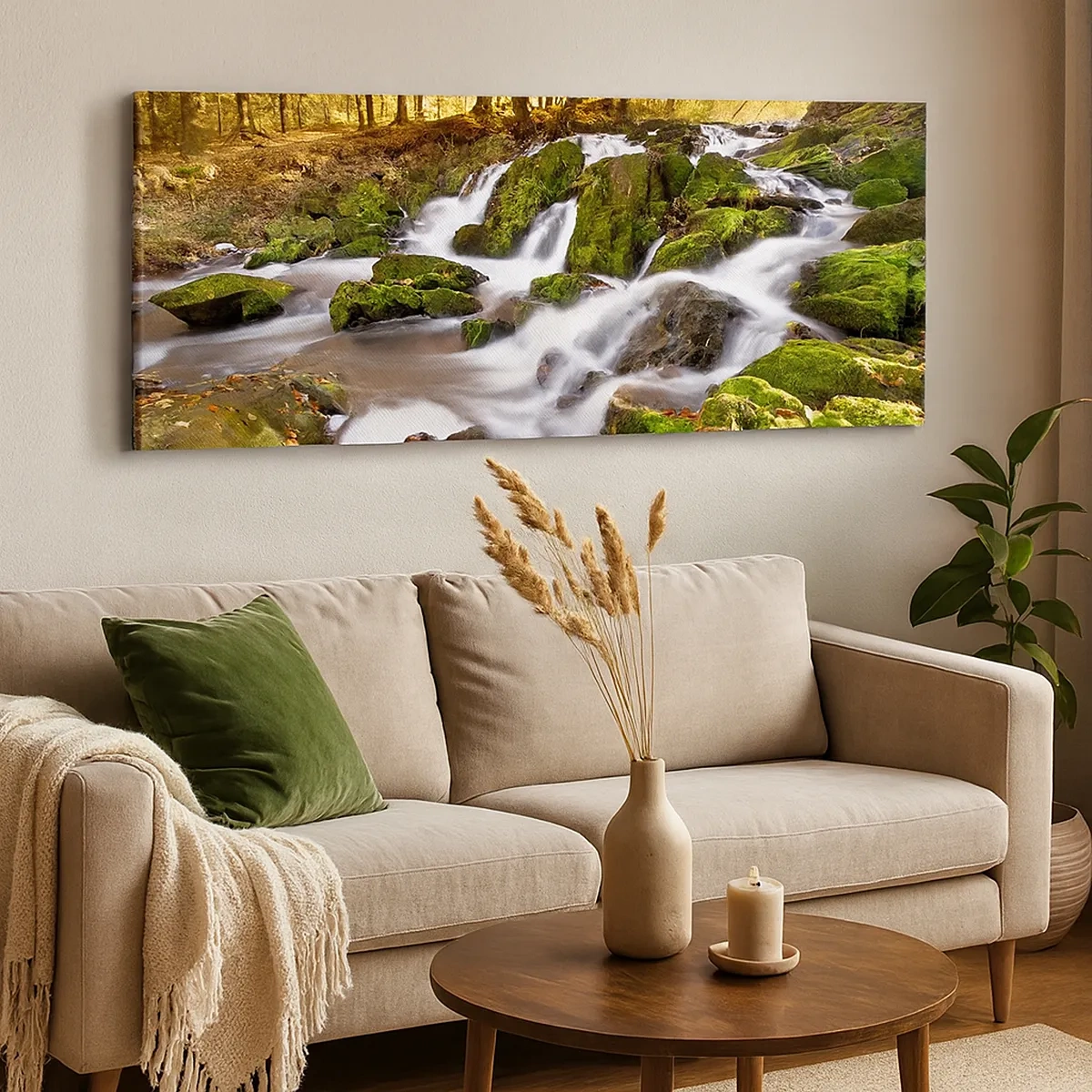 Lærredstryk - Billede på lærred - Bystrøm gennem efterårsskoven - 30x30 cm