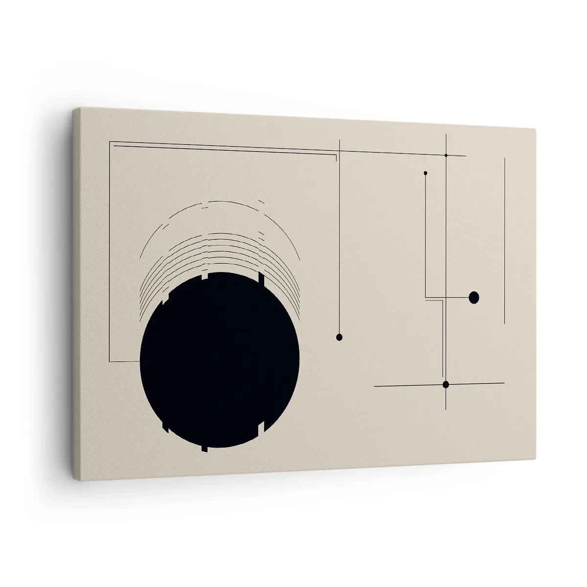 Lærredstryk - Billede på lærred - Sorte geometriske linjer og en cirkel på en beige baggrund - 70x50cm - Fjedrende og dynamisk komposition - Moderne vægdekoration til stue og soveværelse ARTTOR