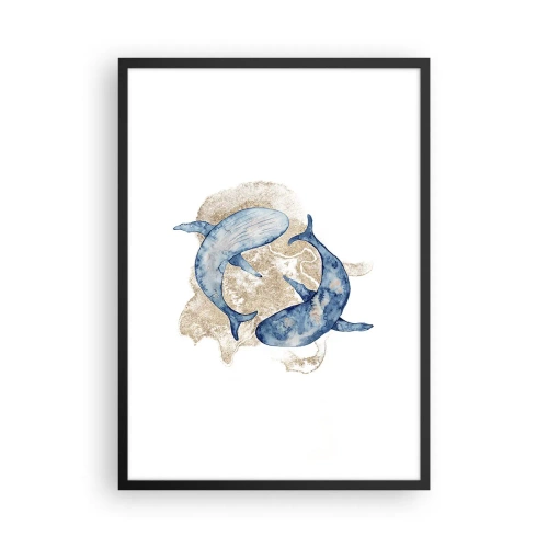 Plakat i sort ramme - Et abstrakt maleri af to finhvaler - 50x70cm - Venskab eller kærlighed? - Moderne vægdekoration til stue og soveværelse ARTTOR