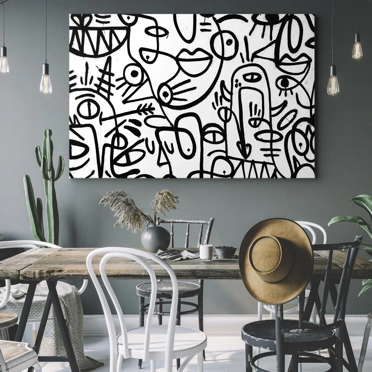 Lærredstryk - Billede på lærred - Sort-hvide abstrakte tegninger med ansigtsmotiver - 70x50cm - Ansigter og luftspejlinger - Moderne vægdekoration til stue og soveværelse ARTTOR