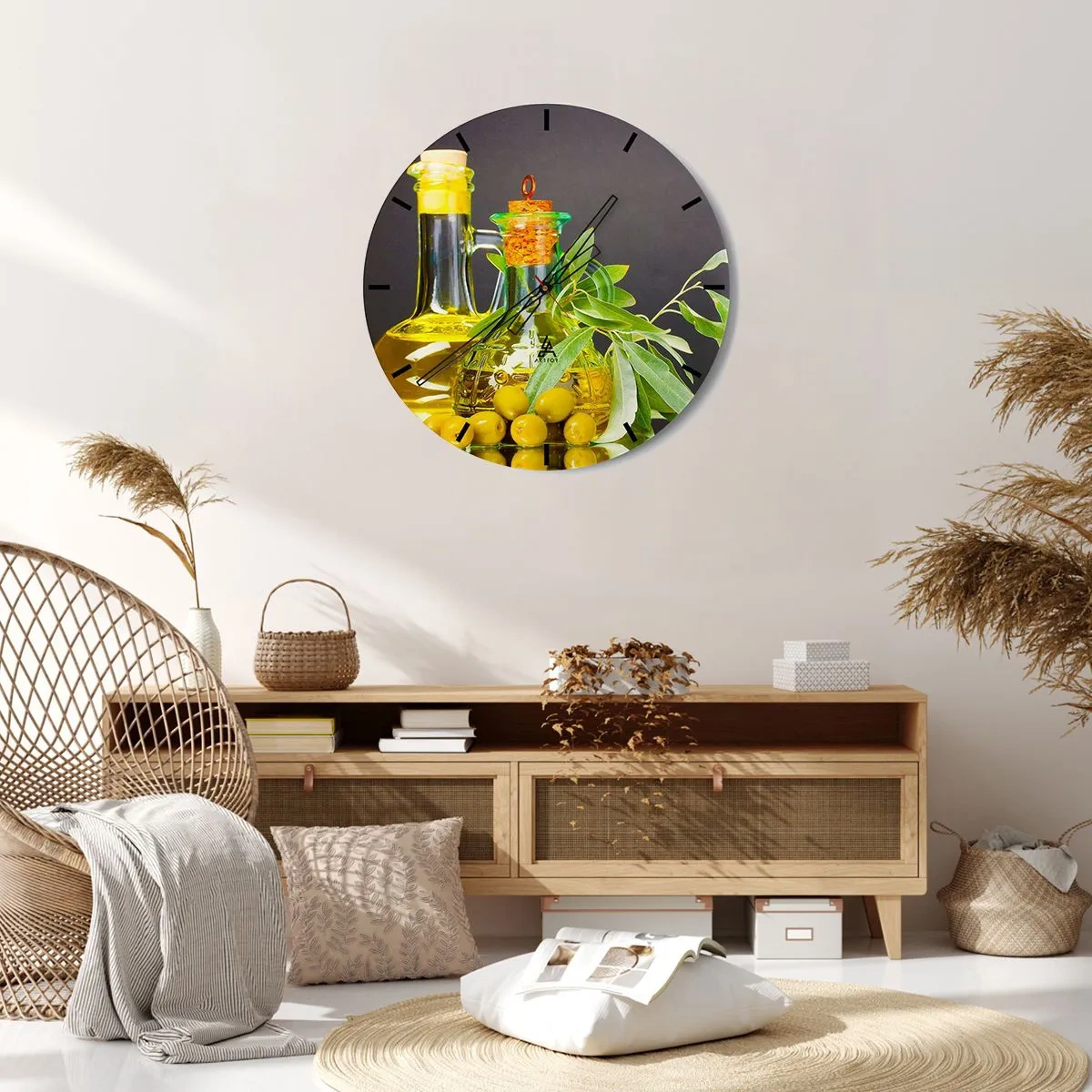 Vægur, Uret - Stilleben med oliven og olie - 40x40 cm