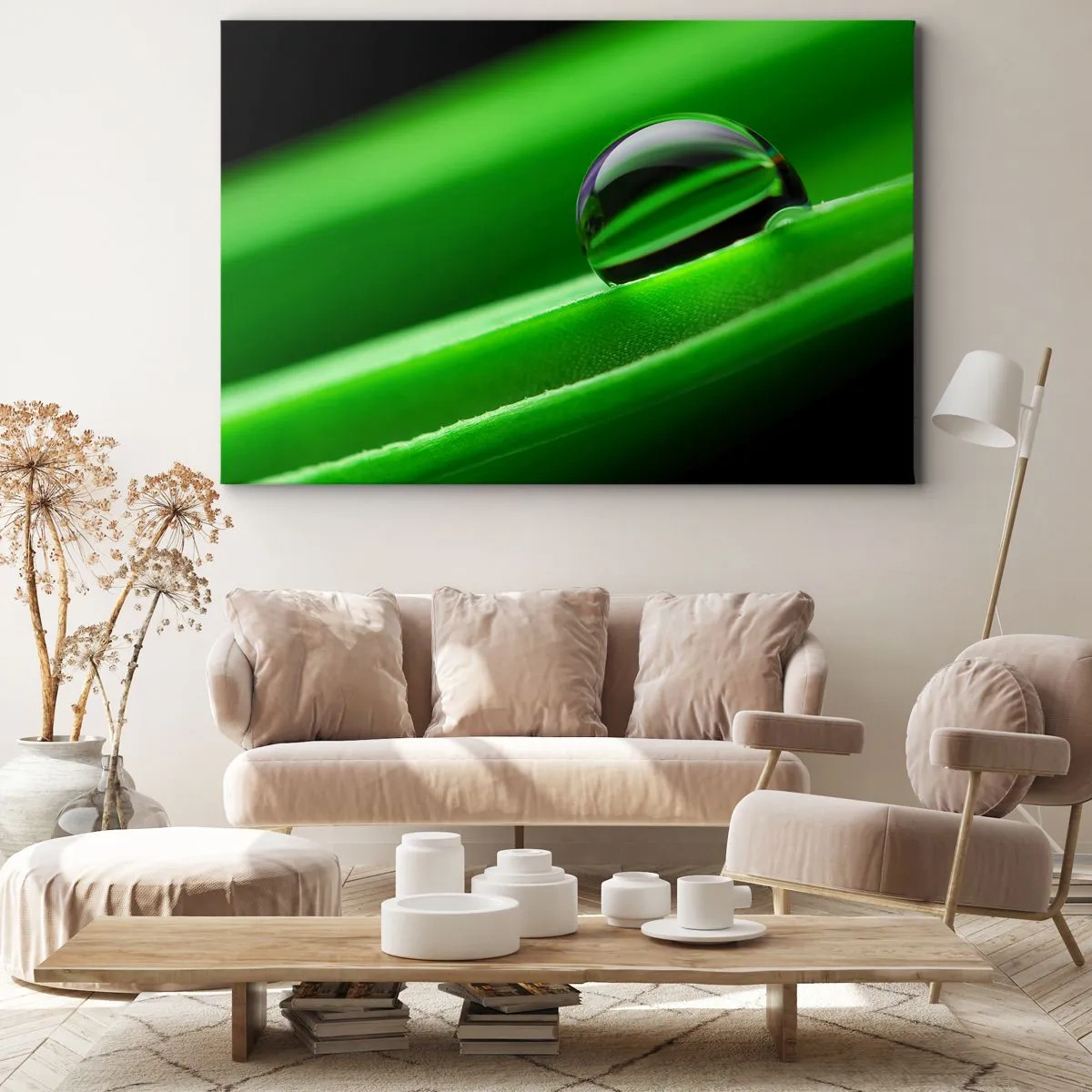 Lærredstryk - Billede på lærred - Nærbillede af en dugdråbe på et grønt blad - 70x50cm - Livet på tæt hold - Moderne vægdekoration til stue og soveværelse ARTTOR