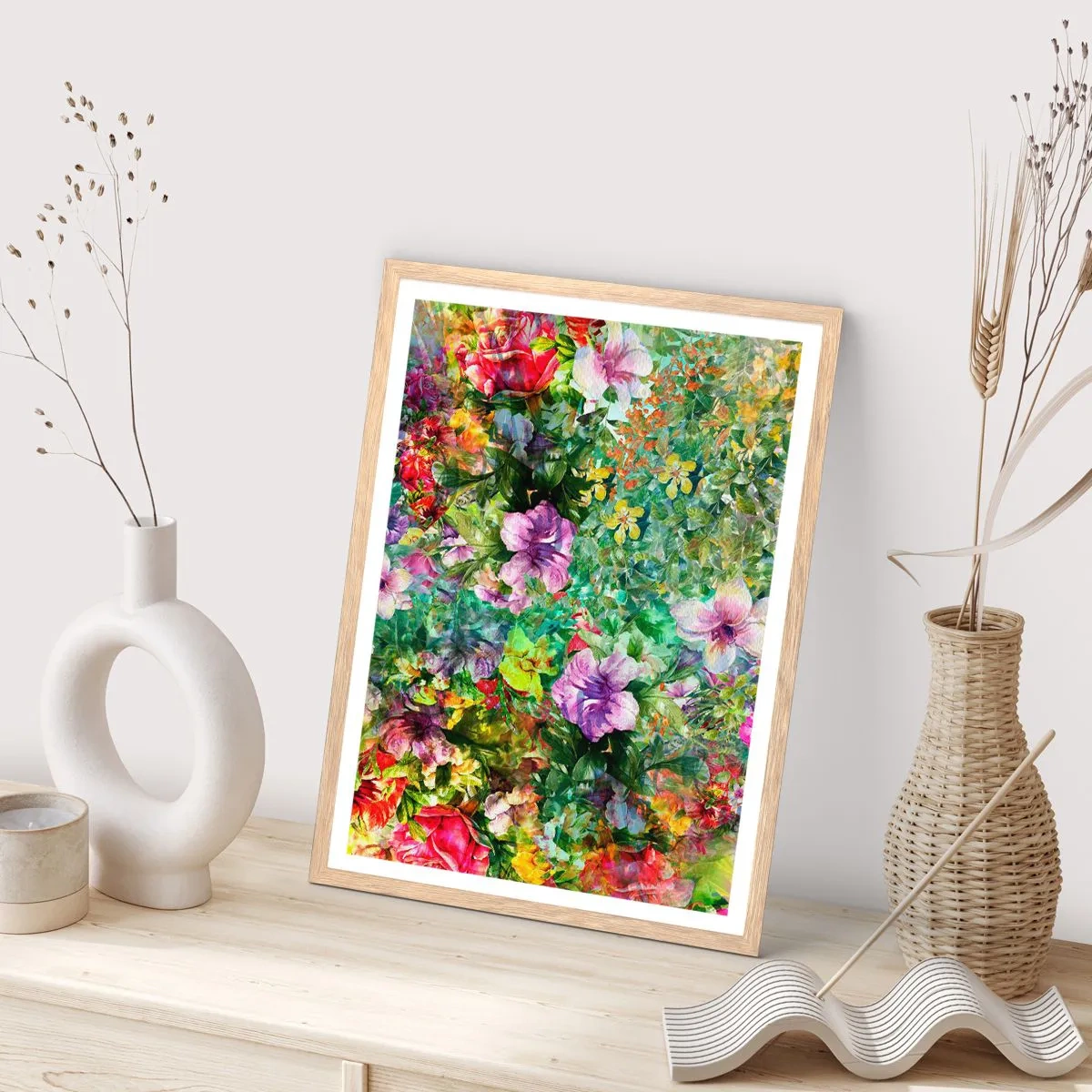 Plakat i ramme af lyst egetræ - Ind i blomsterne ved fortabelse - 61x91 cm
